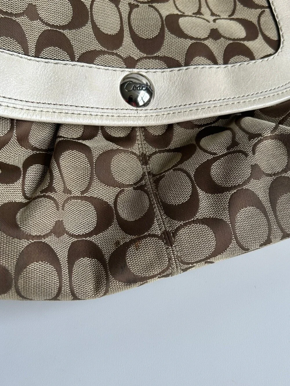 Coach Soho Signature Flap Shoulder Bag Khaki Canvas White Leather Trim